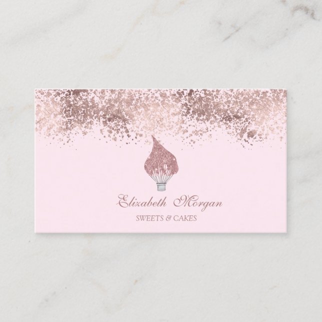 Tarjeta De Visita Glitter Whisk Rose Gold Drips Bakery Pink (Anverso)