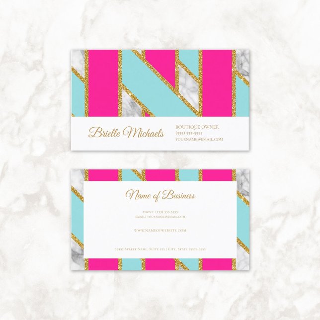 Tarjeta De Visita Glitzy Gold Purpurina Bandas azules rosadas y márm (Glitzy Gold Glitter Pink Blue Stripes and Marble Business Cards)
