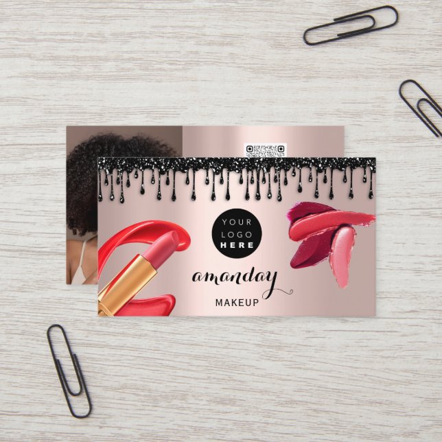 Tarjeta De Visita Glosa QRCode de color rojo pintalabios plateado (Anverso/Reverso In Situ)