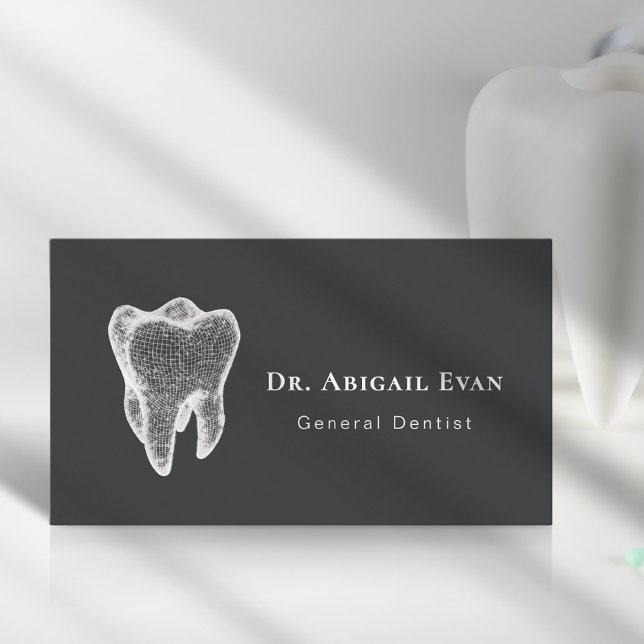 Tarjeta De Visita Glowing 3D Tooth Icon Dental Clinic Charcoal Grey (Glowing 3D Tooth Icon Dental Clinic Charcoal Grey Business Card)