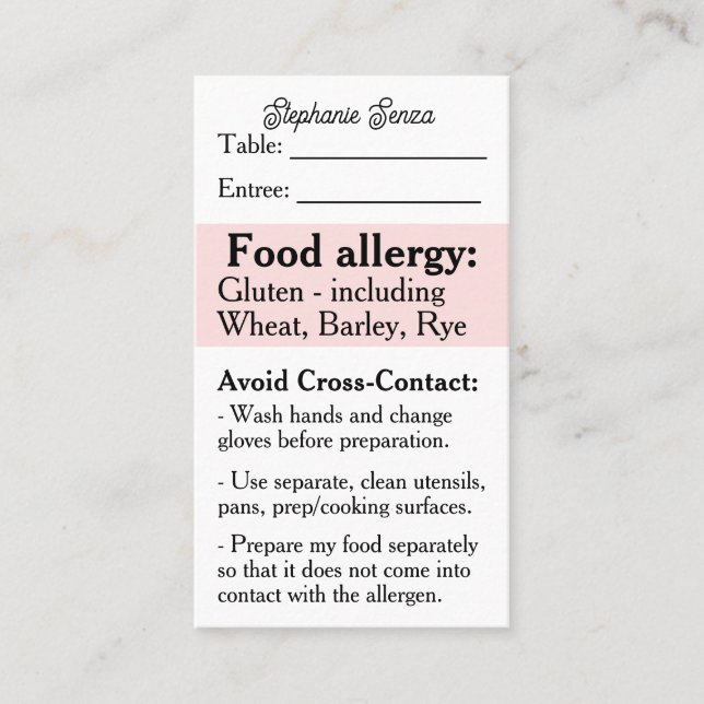 Tarjeta De Visita Gluten Allergy Restaurant Card, Celiac Food Safety (Anverso)