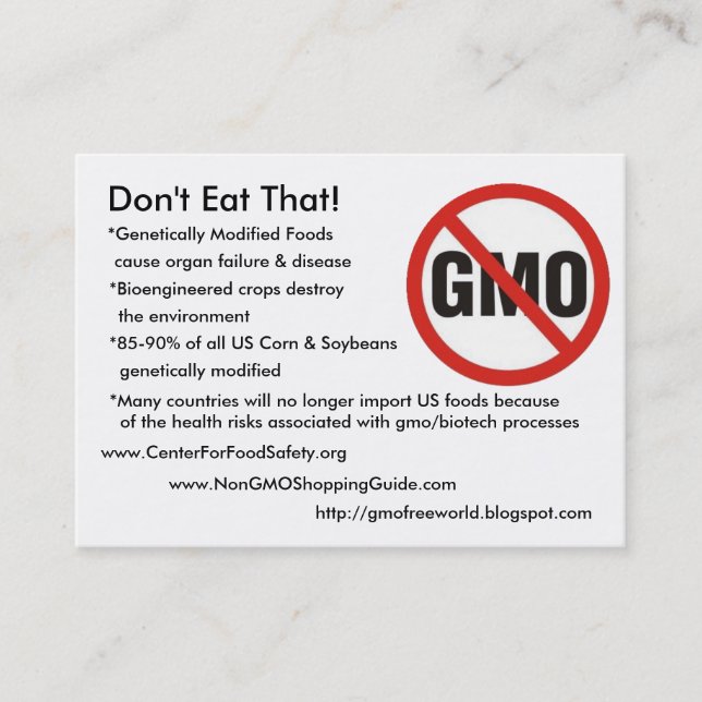 Tarjeta De Visita ¡GMO-Libre, no coma eso! , *Genetically Modifie… (Anverso)