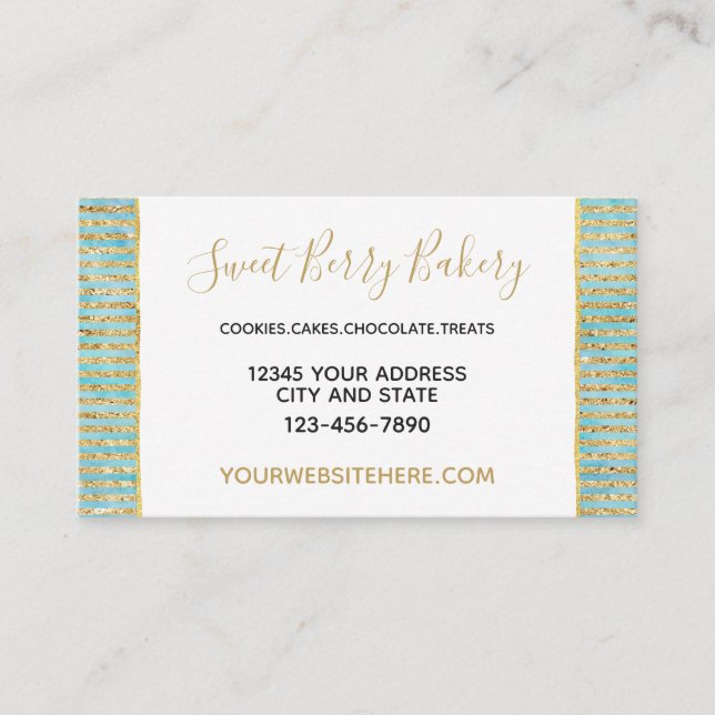 Tarjeta De Visita Gold Aqua Mint Watercolor Glitzy Stripes (Anverso)
