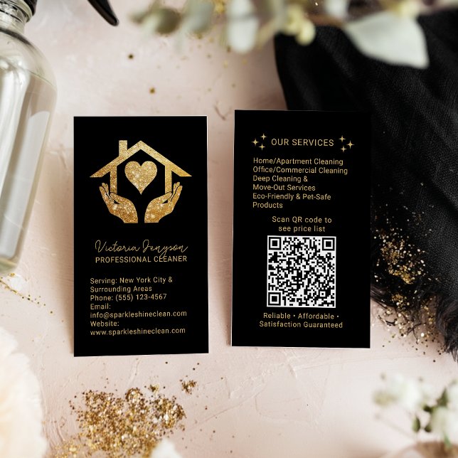 Tarjeta De Visita Gold Black Cleaning Service Maid QR Code Logo (Gold Black Cleaning Service Maid QR Code Logo Business Card)
