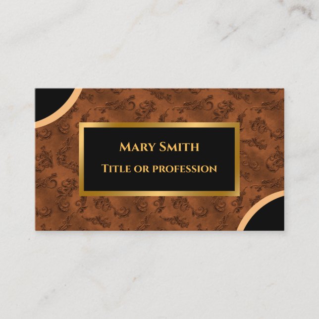 Tarjeta de visita Gold Brown Damask de lujo (Anverso)