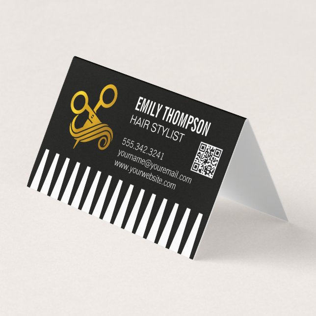 Tarjeta De Visita Gold Comb | Hair Stylist | QR Code (Anverso)
