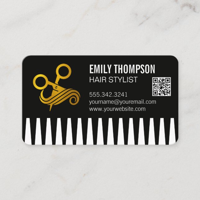 Tarjeta De Visita Gold Comb | Hair Stylist | QR Code (Anverso)