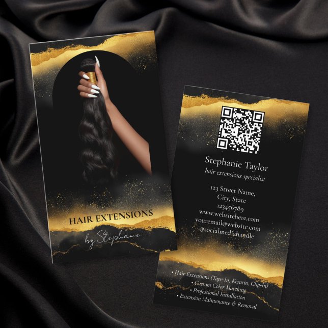 Tarjeta De Visita Gold Elegant Luxury Hair Extensions Stylist Photo (luxury gold hair extensions business cards with QR code)