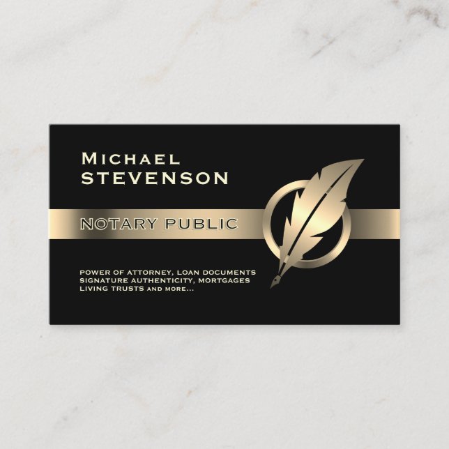 Tarjeta De Visita Gold faux metallic stripe and golden feather logo (Anverso)