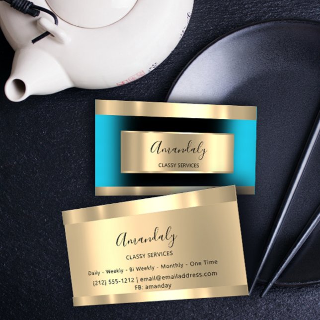 Tarjeta De Visita Gold Framed Profesional Black Ocean Blue Modern (Subido por el creador)