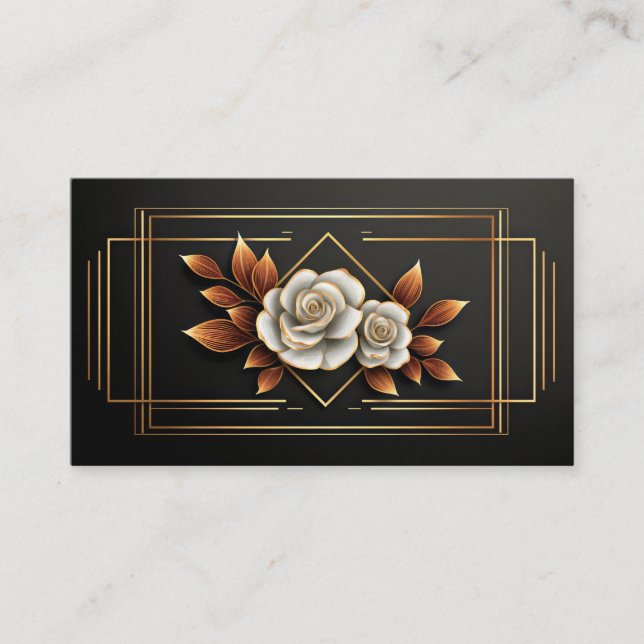 Tarjeta De Visita Gold Geometric White Rose Floral Midnight Black (Anverso)