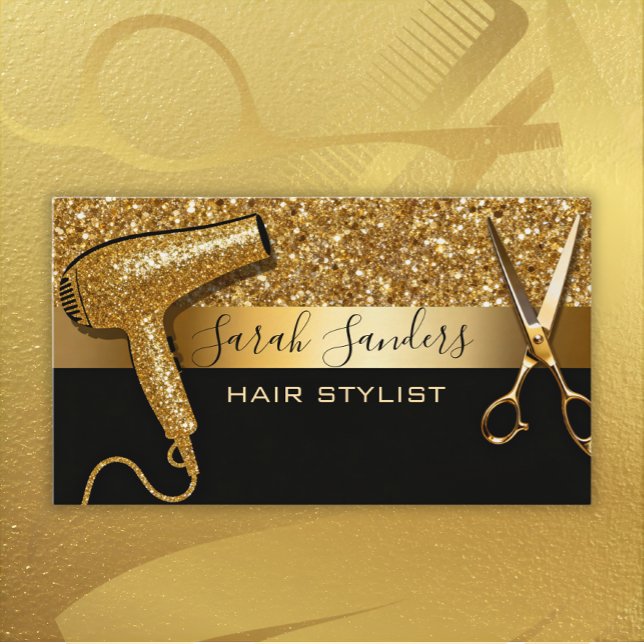 Tarjeta De Visita Gold Glitter & Black Glam Hair Stylist  (Subido por el creador)