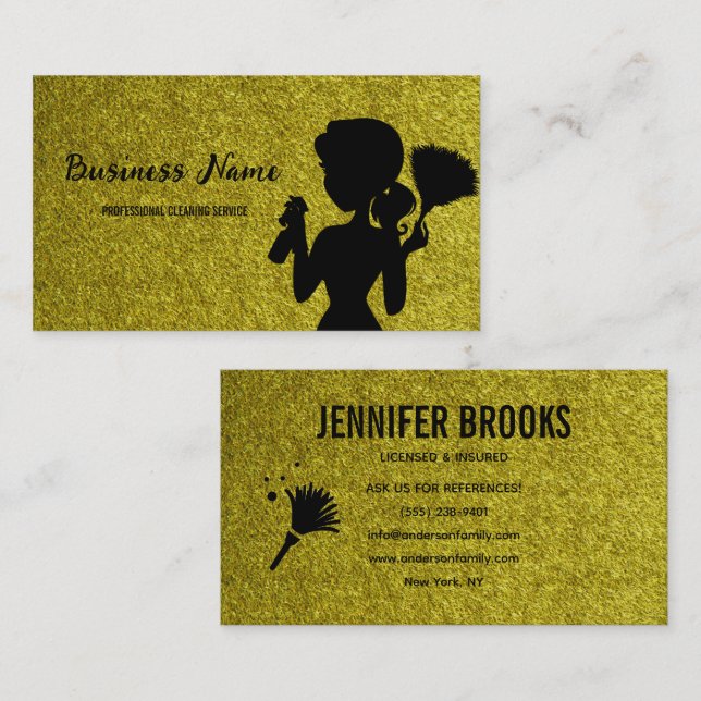 Tarjeta De Visita Gold Glitter Cleaning Service Housekeeper Maid (Anverso / Reverso)