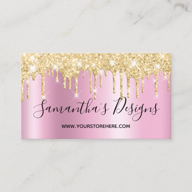 Tarjeta De Visita Gold Glitter Drips Pink Shimmer Online Store (Anverso)