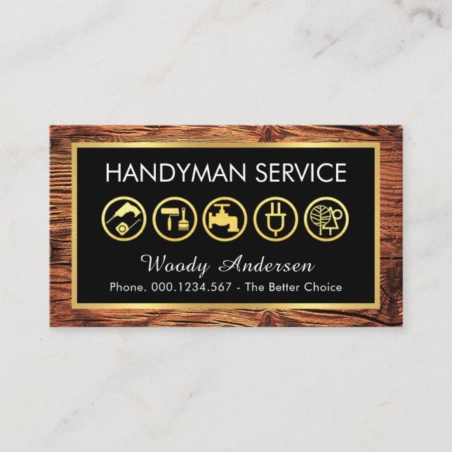 Tarjeta De Visita Gold Handyman Tools Frame On Wood (Anverso)