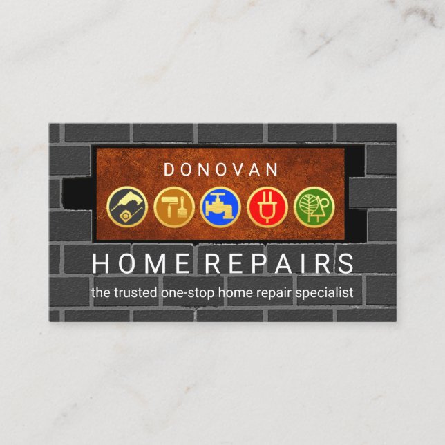 Tarjeta De Visita Gold Handyman Tools On Plaque Brick Wall  (Anverso)