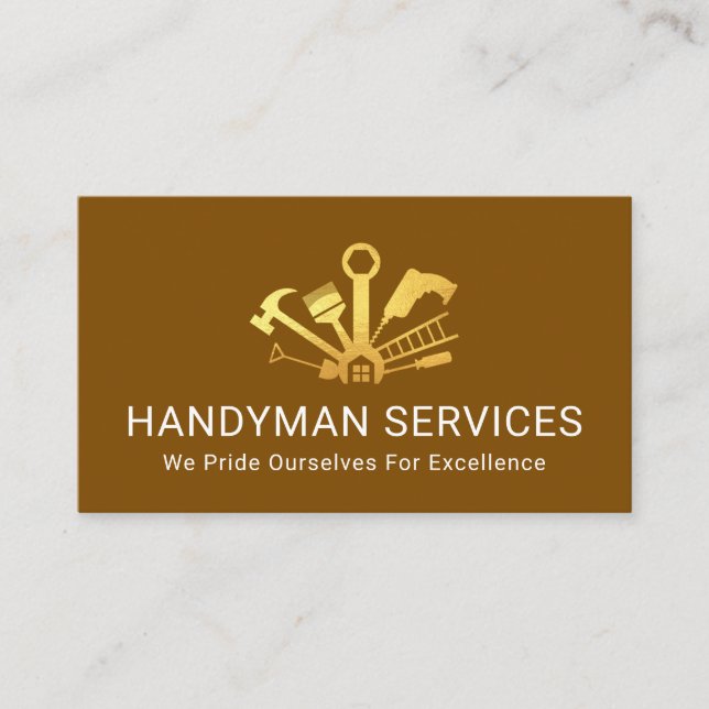 Tarjeta De Visita Gold Home Handyman Tools On Brown Layer (Anverso)