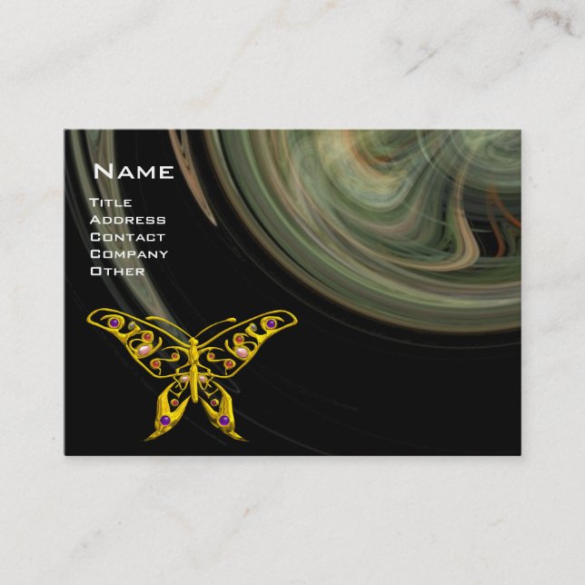 Tarjeta De Visita GOLD HYPER BUTTERFLY JEWEL Gray Fractal Swirls (Anverso)