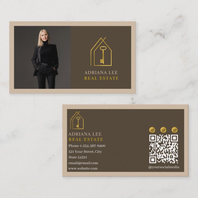 Tarjeta De Visita Gold Key Photo Real Estate Agent QR Code Brown (Anverso / Reverso)