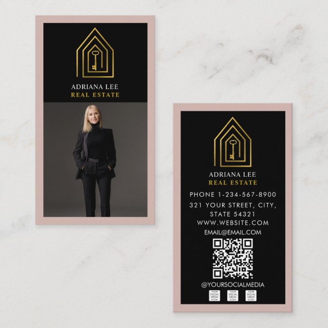 Tarjeta De Visita Gold Key Photo Real Estate Agent QR Code Pink (Anverso / Reverso)