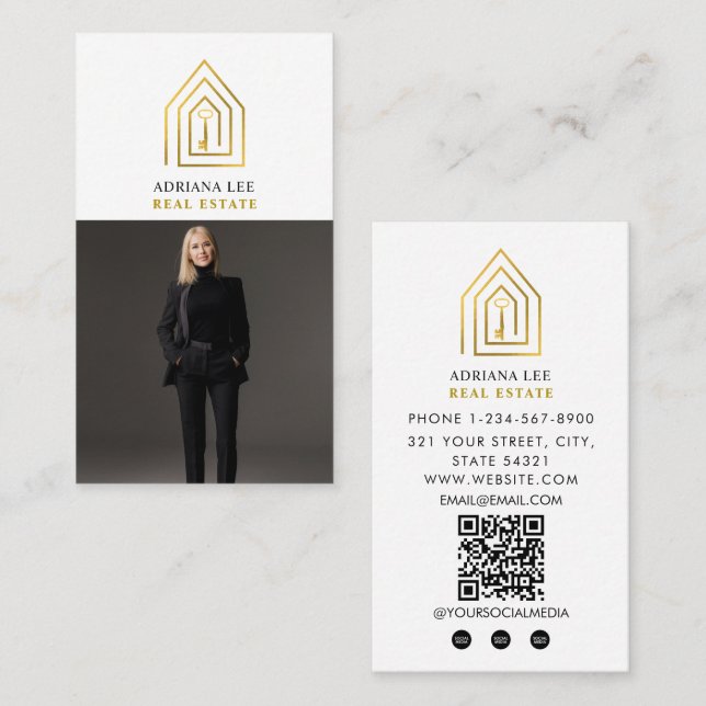 Tarjeta De Visita Gold Key Photo Real Estate Agent QR Code White (Anverso / Reverso)