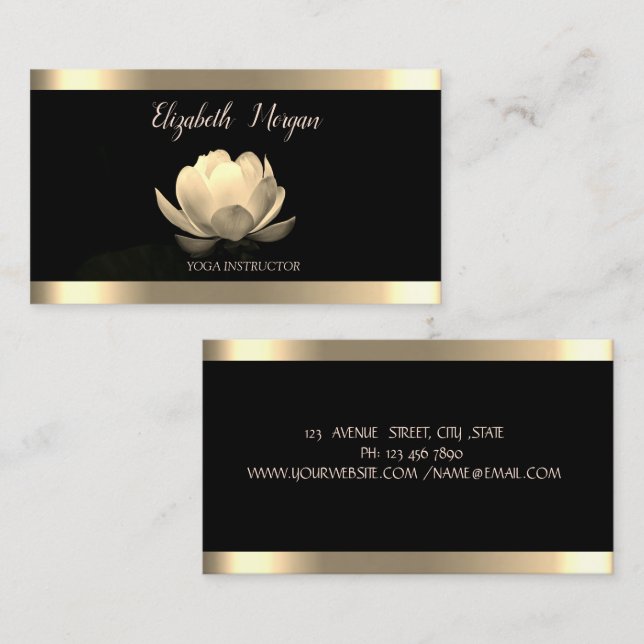 Tarjeta De Visita Gold Lotus Fllower Gold Stripe Yoga negro (Anverso / Reverso)