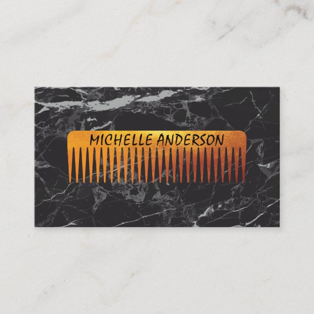 Tarjeta De Visita Gold Luxe Comb Hair Stylist | Mármol negro (Anverso)
