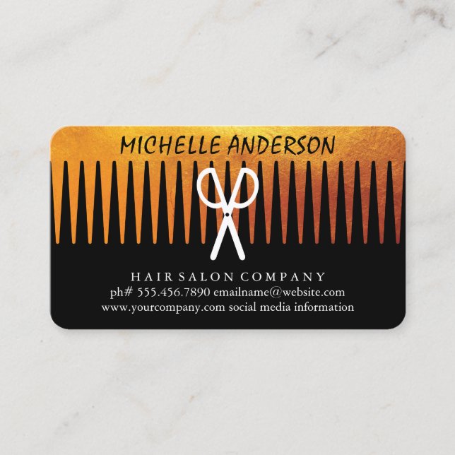Tarjeta De Visita Gold Luxe Comb Scissors Hair Stylist (Anverso)