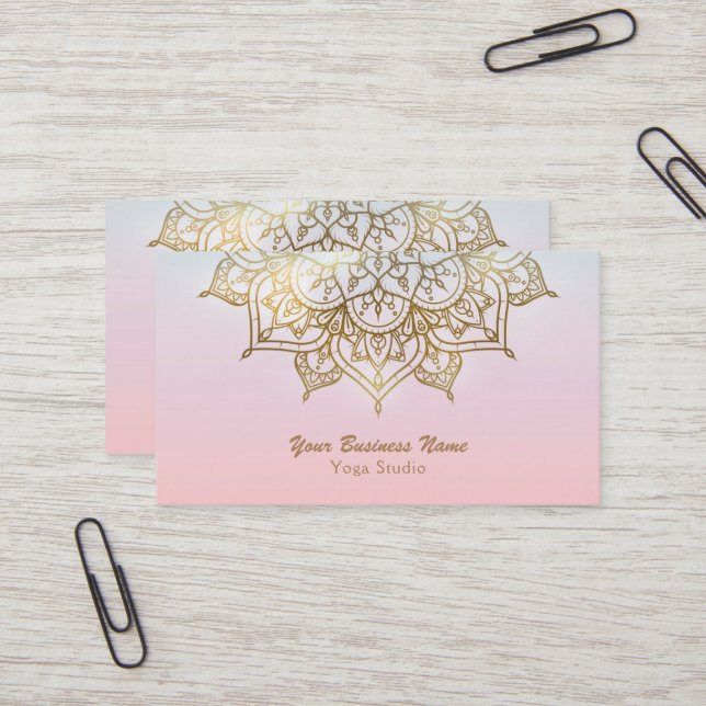 Tarjeta De Visita Gold Mandala Moda rosa  moderna de yoga (Anverso/Reverso In Situ)