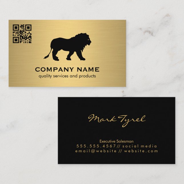Tarjeta De Visita Gold Metallic / Lion Icon / QR Code Scan (Anverso / Reverso)