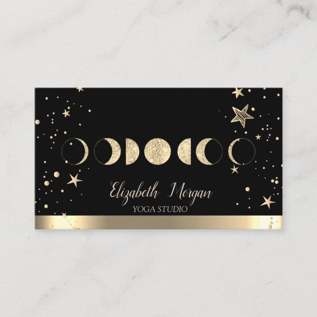 Tarjeta De Visita Gold Moons Gold Stars Black Yoga Studio (Anverso)