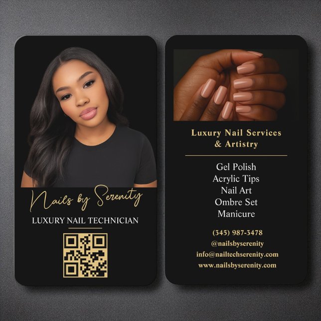 Tarjeta De Visita Gold Nails Technician QR Código Negro de lujo (Subido por el creador)