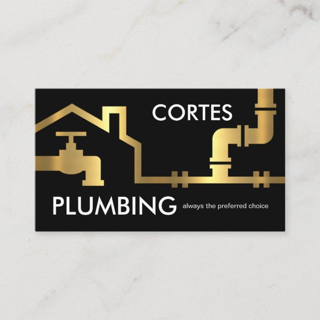 Tarjeta De Visita Gold Pipes Building Frame Plumber Service (Anverso)
