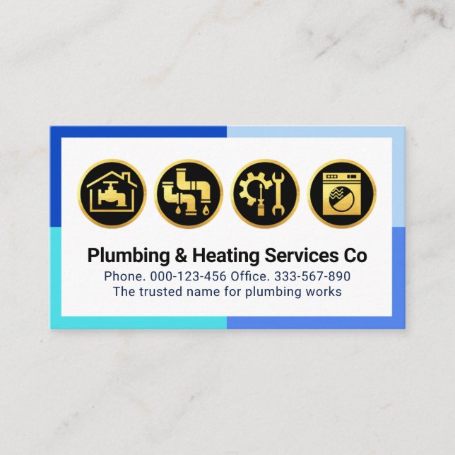 Tarjeta De Visita Gold Plumbing Icons On Blue Frame (Anverso)