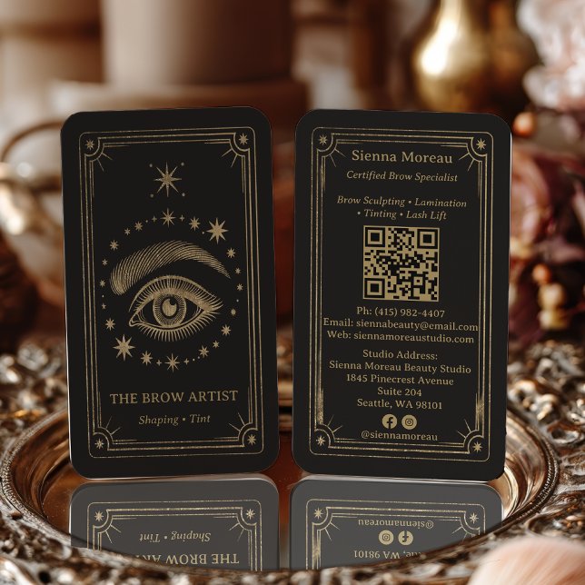 Tarjeta De Visita Gold Retro Celestial Tarot Brow Artist QR Code (Gold Retro Celestial Tarot Brow Artist QR Code Business Card)