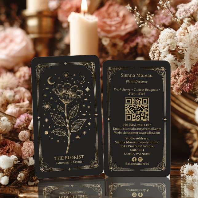 Tarjeta De Visita Gold Retro Celestial Tarot Florist QR Code (Gold Retro Celestial Tarot Florist QR Code Business Card)