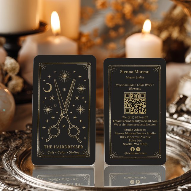 Tarjeta De Visita Gold Retro Celestial Tarot Hairdresser QR Code (Gold Retro Celestial Tarot Hairdresser QR Code Business Card)