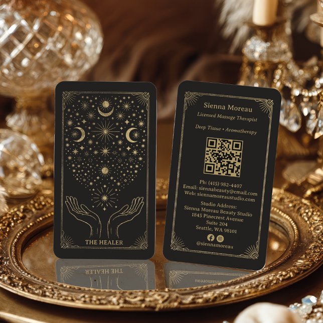 Tarjeta De Visita Gold Retro Celestial Tarot Massage Reiki QR (Gold Retro Celestial Tarot Massage Reiki QR Business Card)