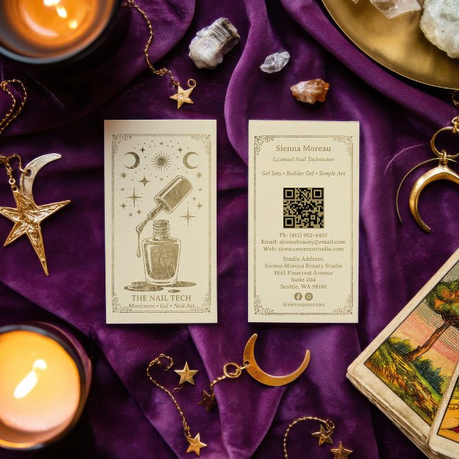 Tarjeta De Visita Gold Retro Celestial Tarot Nail artist QR Code (Gold Retro Celestial Tarot Nail artist QR Code Business Card)