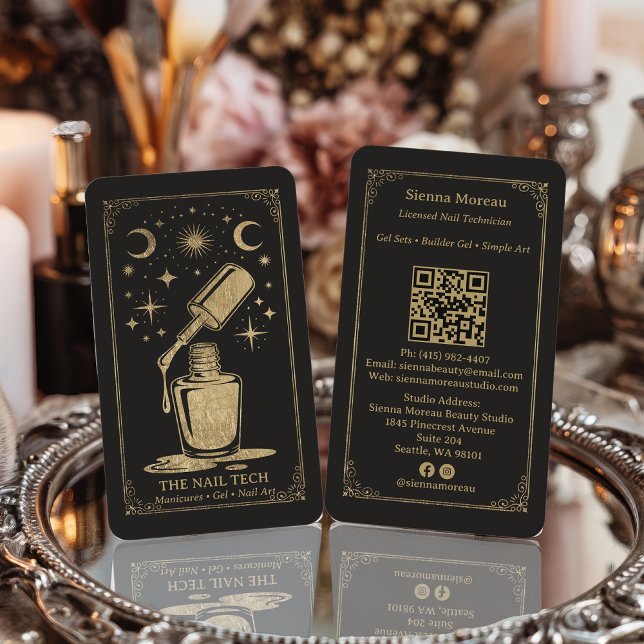 Tarjeta De Visita Gold Retro Celestial Tarot Nail artist QR Code (Gold Retro Celestial Tarot Nail artist QR Code Business Card)