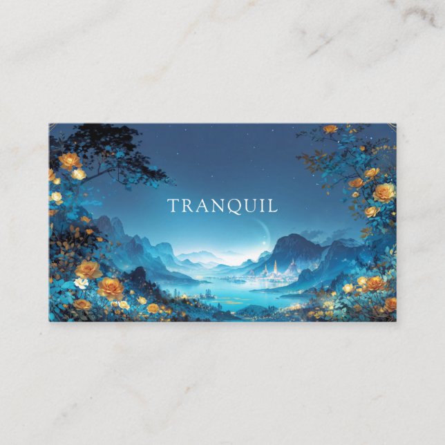 Tarjeta De Visita Gold Rose Floral and Night Cityscape Lake (Anverso)