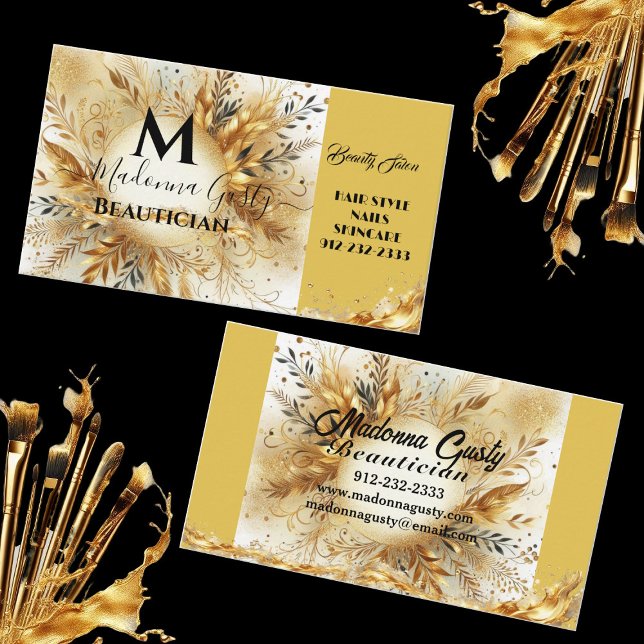 Tarjeta De Visita Gold Sparkle Monograma Belleza Floral Profesional (Gold Sparkle Monogram Floral Beauty Professional Business Card)