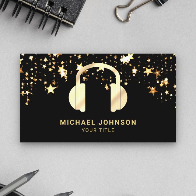Tarjeta De Visita Gold Stars Confetti Black Gold Auriculares Music D (Subido por el creador)