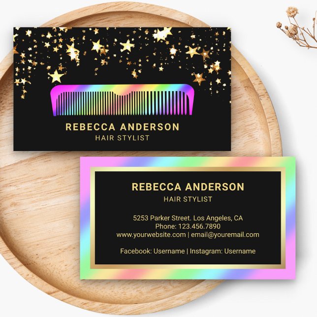 Tarjeta De Visita Gold Stars Confetti Rainbow Comb Hair Stylist (Subido por el creador)