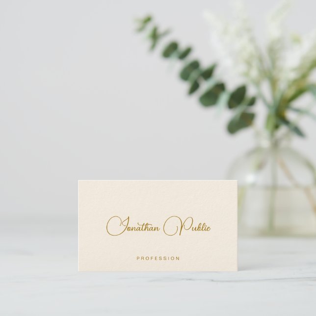 Tarjeta De Visita Gold Text Handwritten Name Luxury Signature Cream (Anverso de pie)