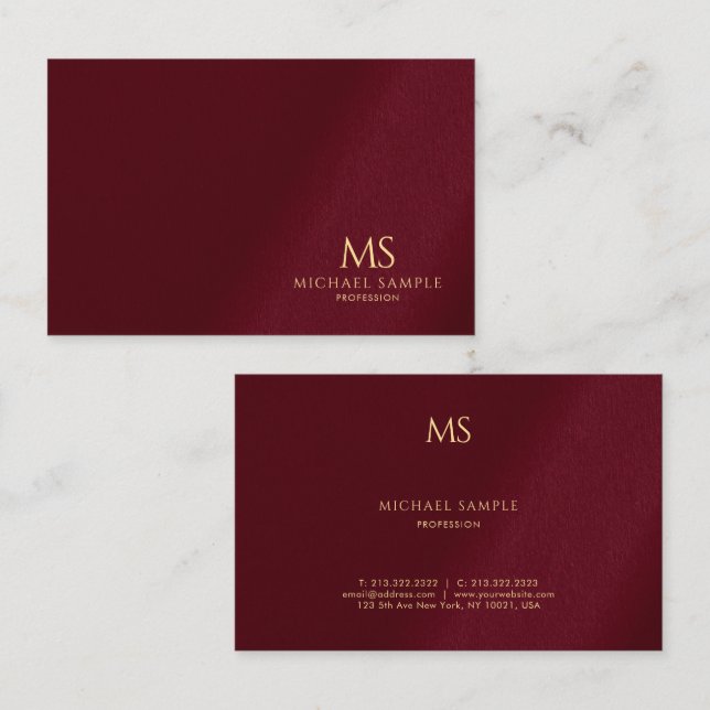Tarjeta De Visita Gold Text Monogram Template Luxe Bordeaux Elegant (Anverso / Reverso)