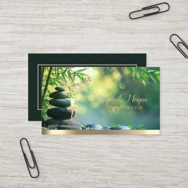 Tarjeta De Visita Gold Tree Woman Silhouette,Zen Stones Green (Anverso/Reverso In Situ)
