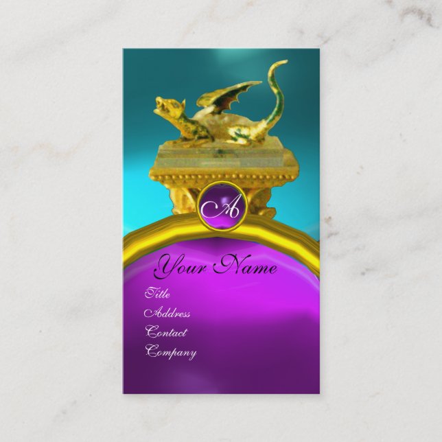Tarjeta De Visita GOLDEN DRAGON GEM MONOGRAM, azul amatista púrpura (Anverso)