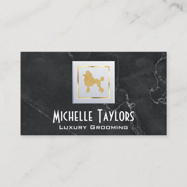 Tarjeta De Visita Golden Poodle | Luxury Grooming | Mármol negro (Anverso)
