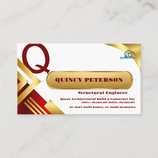 Tarjeta De Visita Golden & Red Layers Monogram Initial Founder CEO (Anverso)